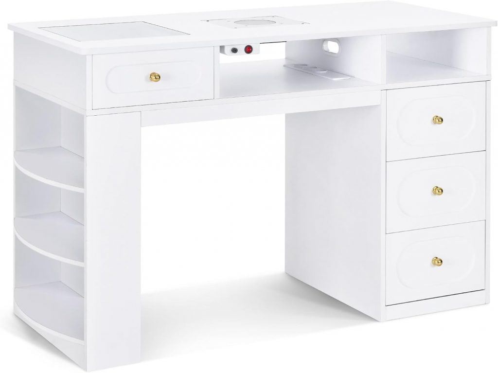 Barberpub Manikürtisch Schubladen Regal - Barberpub Manikürtisch mit 4 Schubladen, Regal, 2 Ablagen & Glasplatte, Nageltisch mit Absaugung
