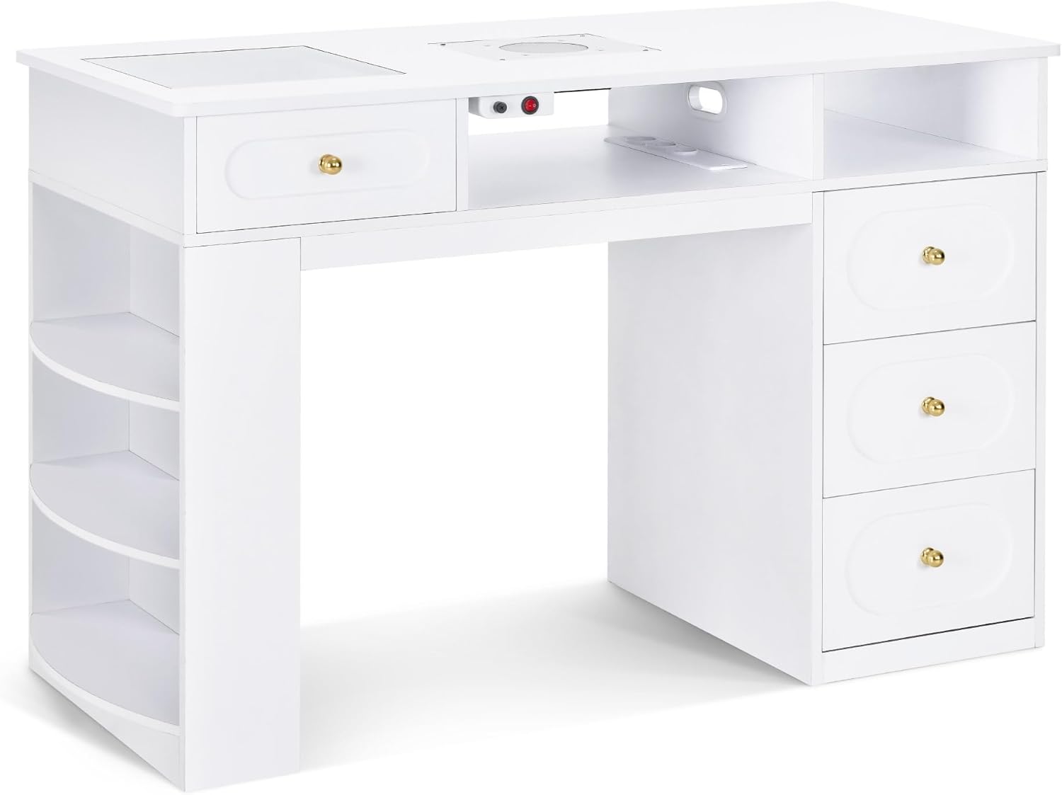 Barberpub Manikürtisch Schubladen Regal - Barberpub Manikürtisch mit 4 Schubladen, Regal, 2 Ablagen & Glasplatte, Nageltisch mit Absaugung