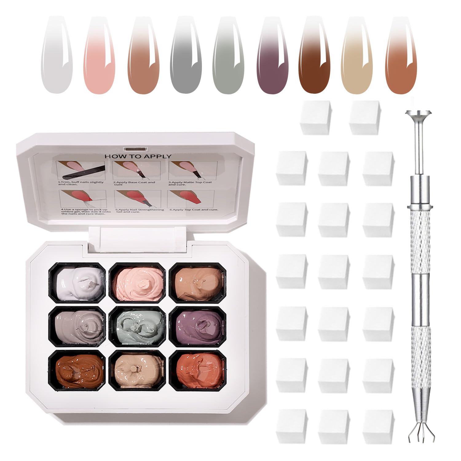 Verlaufsmal-Gel Nagellack Gel Verlaufsmal - Verlaufsmal-Gel, mehrfarbiges Ombre-Nagellack-Gel mit 20 Nagelschwämmchen & 1Metallgreifer (Krallenform), Schwämmchen-Te