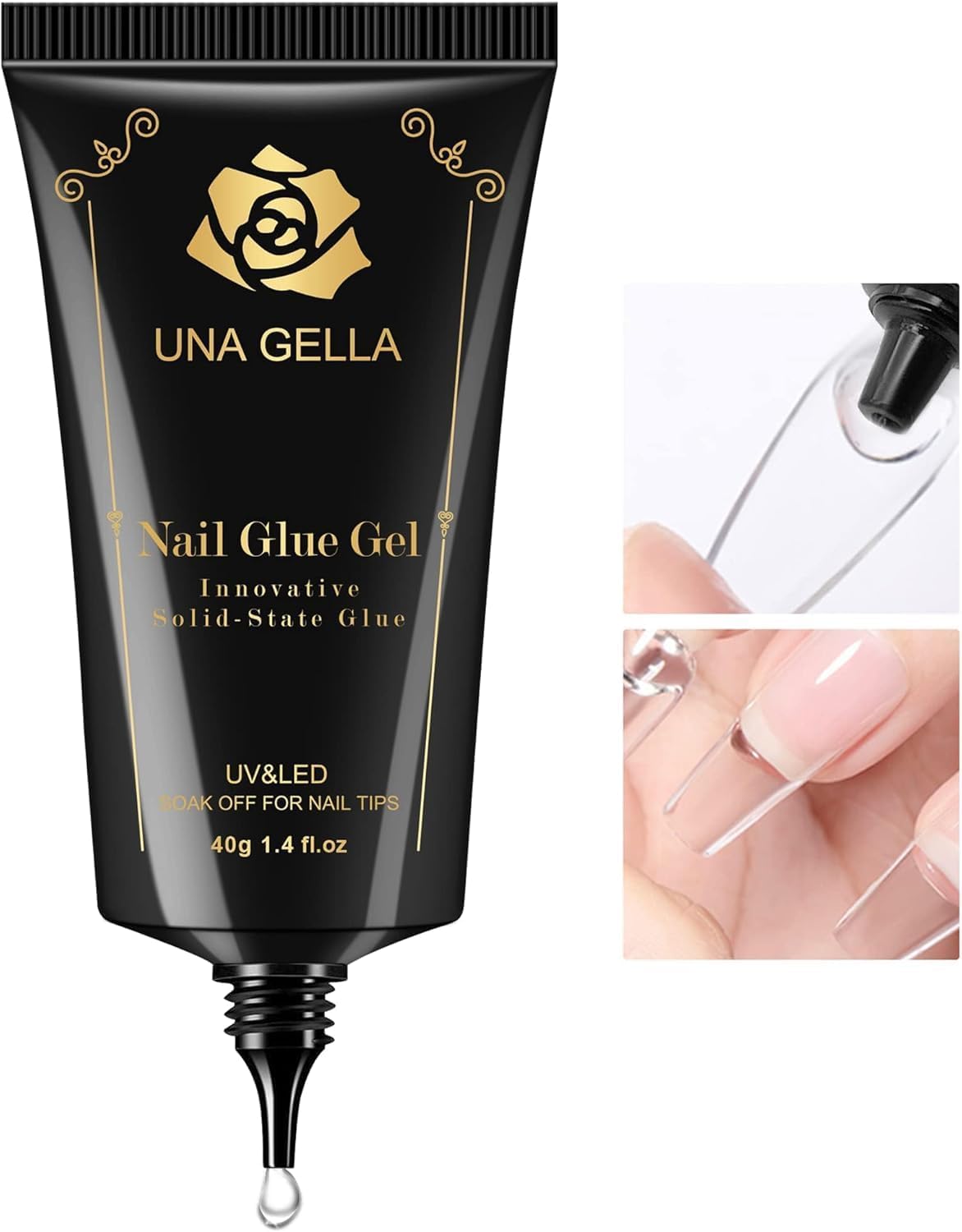 UNA Lampe GELLA Nagelkleber - UNA GELLA Nagelkleber für Kunstnägel 40ml, Fester Soak Off Nagelkleber, Aushärtung mit Lampe erforderlich