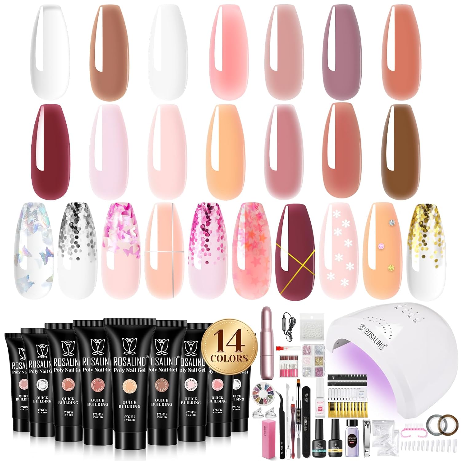 ROSALIND Gel UV Lampe - ROSALIND Gelnägel Starterset mit 48W UV Lampe, 14 Farben Nagelset Gelnägel Starterset Gel Nägel Selber Set mit Base Top Coat, Poly Nagelverlängerungs Kit Maniküre Gel Nagelstudio Set