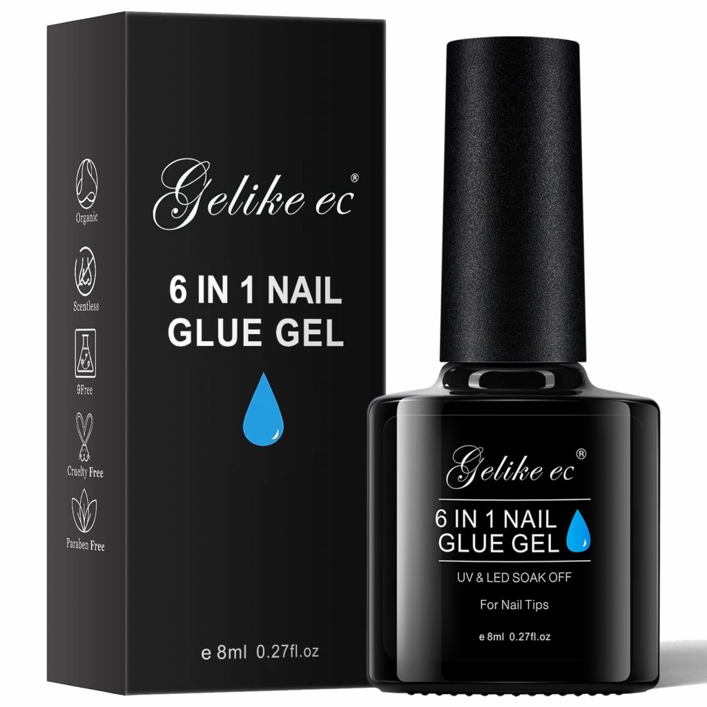Gelike Gel Nail ec - Gelike ec Nagelkleber Für Kunstnägel 6 in 1Clear Extra Stark Nail Glue Für Press On Nail Glue Gel For Nail Tips Nagelkleber Gel Für Fake Nails-Brauchen Ausharten Unter UV Nagellampe 8ML