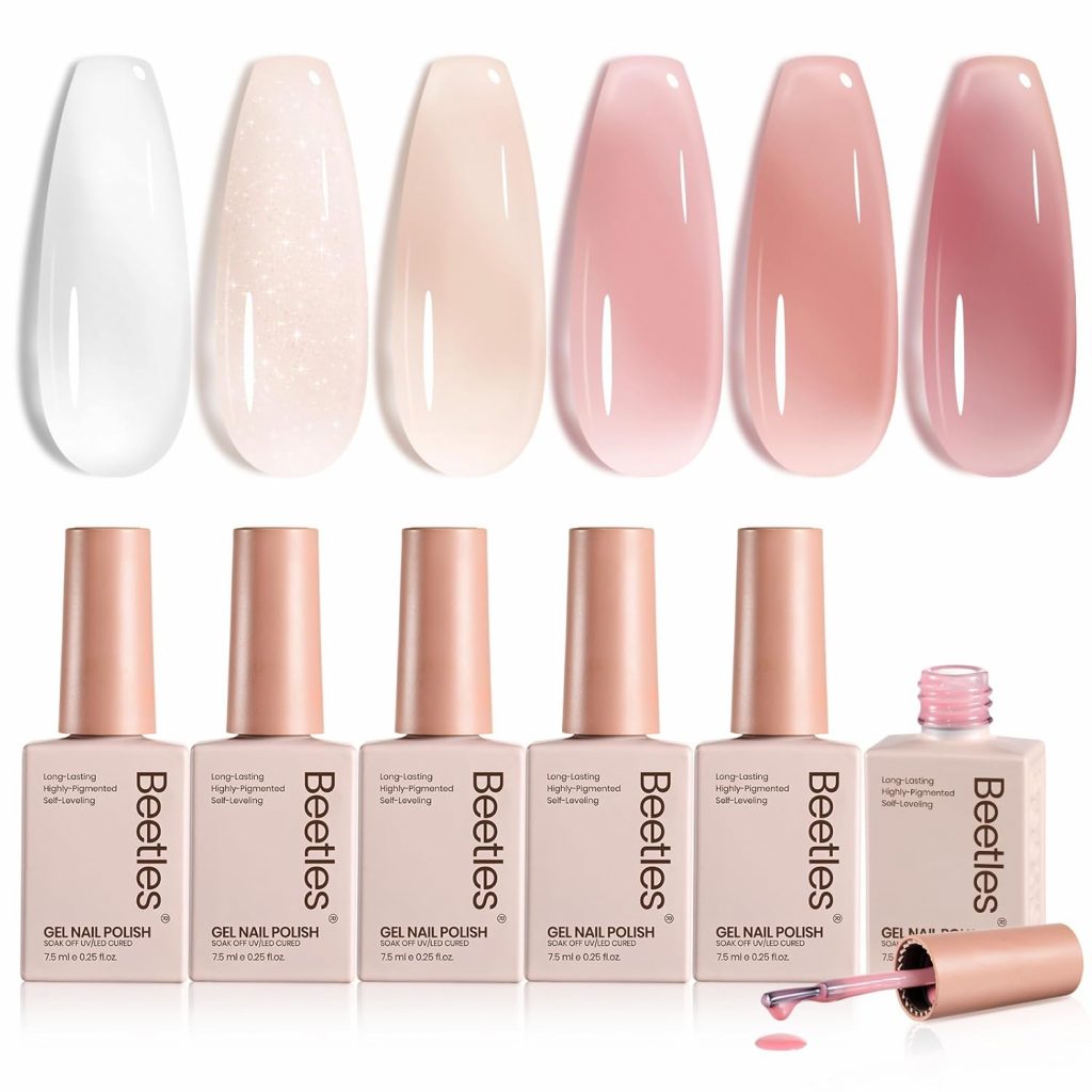 Beetles Nagellack Nude Gel - Beetles Gel Nagellack-Set - Schier Jelly Gel Nagellack neutral transparent 6 Farben milchig-weiß Nude-Pink durchscheinen