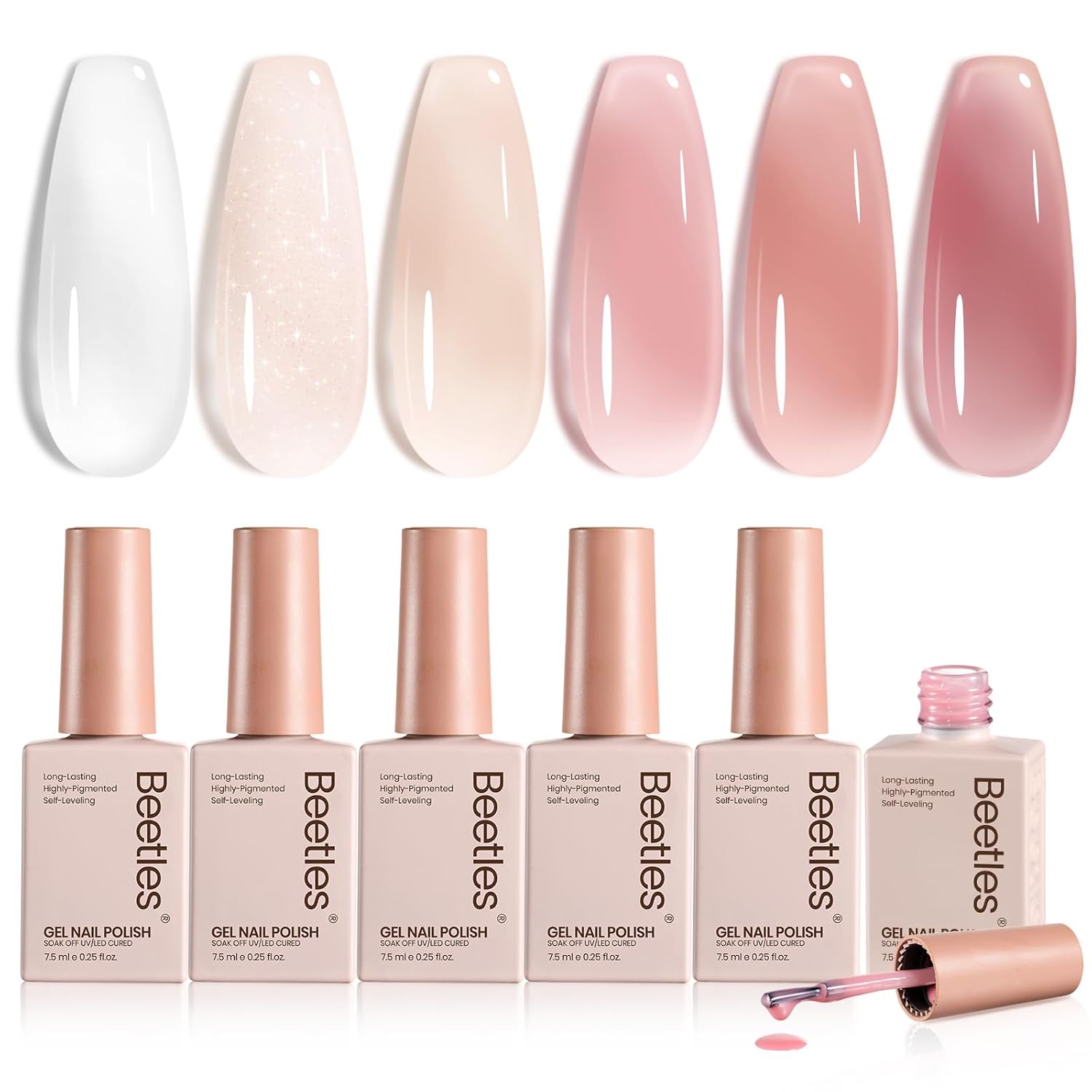 Beetles Nagellack Nude Gel - Beetles Gel Nagellack-Set - Schier Jelly Gel Nagellack neutral transparent 6 Farben milchig-weiß Nude-Pink durchscheinen