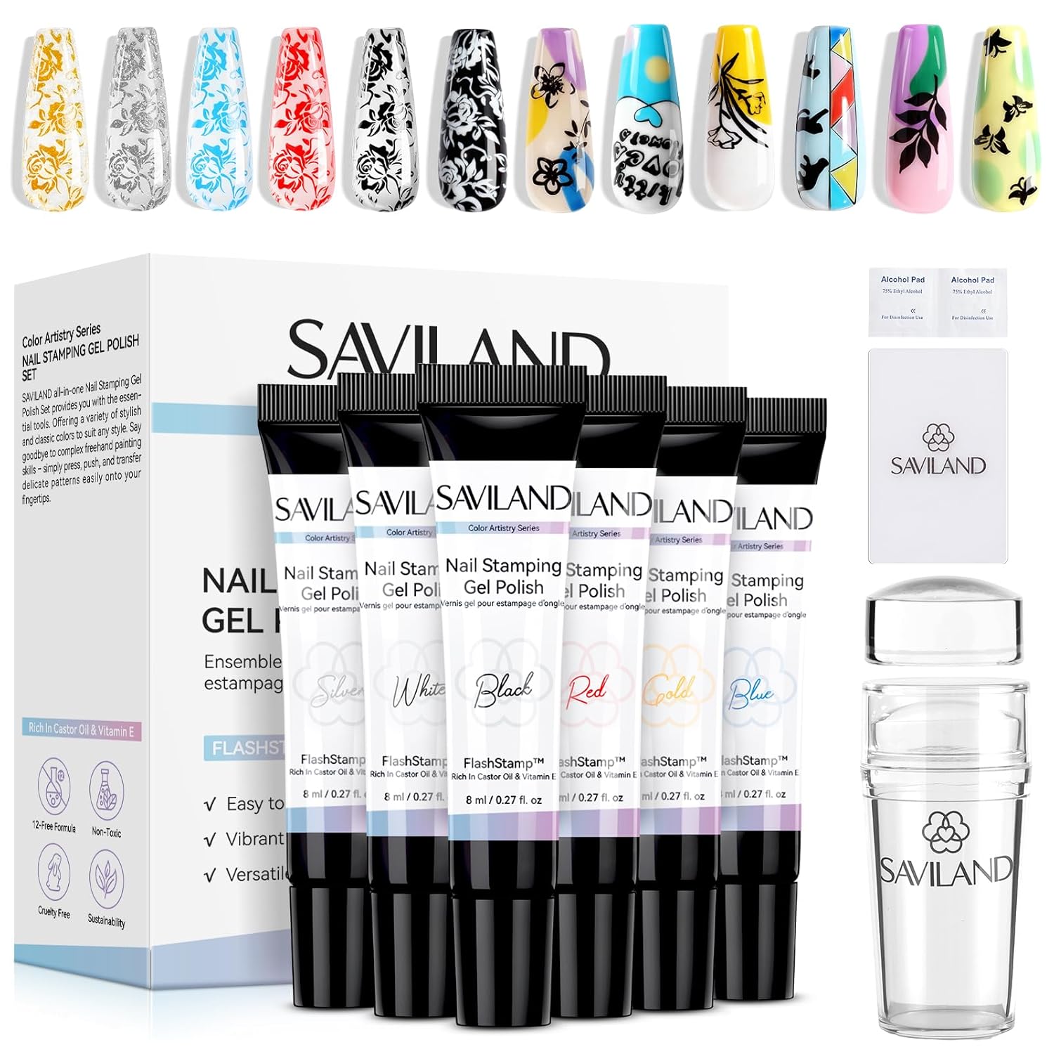 SAVILAND Nagellack Rosa Gel - SAVILAND 6 Farben Stamping Gel Nagellack Set: Leuchtendes Gold Rosa Weiß Stamping Lack für Nägel mit Nagelstempel