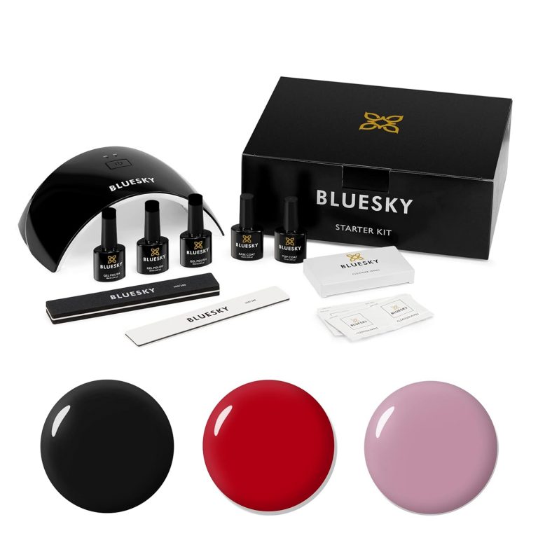 BLUESKY Gel UV Lampe - BLUESKY UV/Gel-Starter-Set mit LED-Lampe, Reinigungstücher, Nagelfeile, Überlack, Unterlack und den 3 Farben