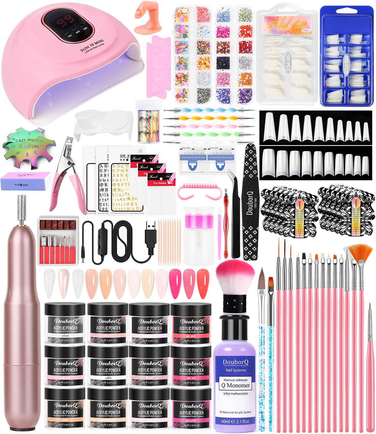 Nagelstudio UV Lampe Set - Nagelstudio Set, Acrylpulver mit 60ml Acryl Liquid,Nagelfräser für Gelnägel mit UV Lampe für Gelnägel