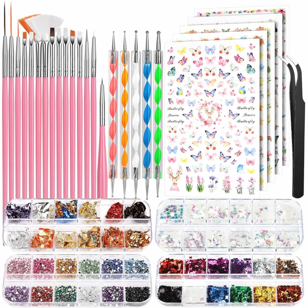 FANDAMEI Pinsel Für Gelnägel - FANDAMEI Pinsel Für Gelnägel, Nailart Pinsel und Dekorationen Set, 15 Pcs Nagel Pinsel, 5 Blätter Nagelsticker