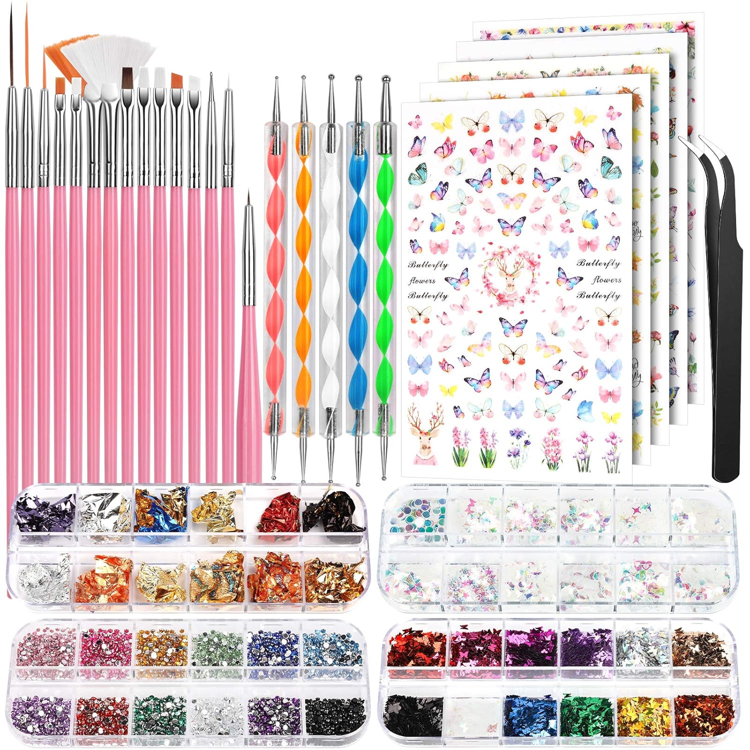 FANDAMEI Pinsel Für Gelnägel - FANDAMEI Pinsel Für Gelnägel, Nailart Pinsel und Dekorationen Set, 15 Pcs Nagel Pinsel, 5 Blätter Nagelsticker