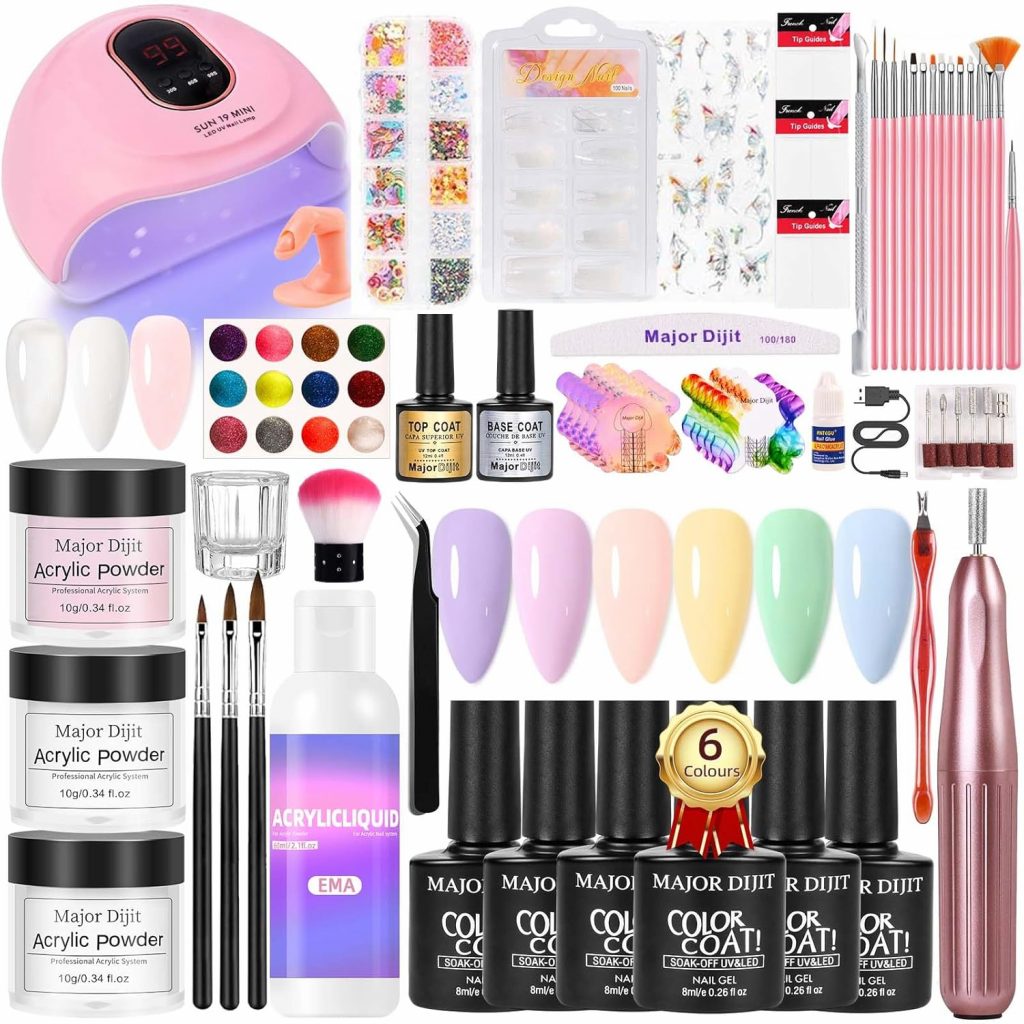Major Dijit Gel Nagel Set mit UV-LED-Lampe, Weiß & Pink & Klar Acrylpulver, Nagelkunst-Glitzer, Basis- und Überlack, Nageldesign-Werkzeuge