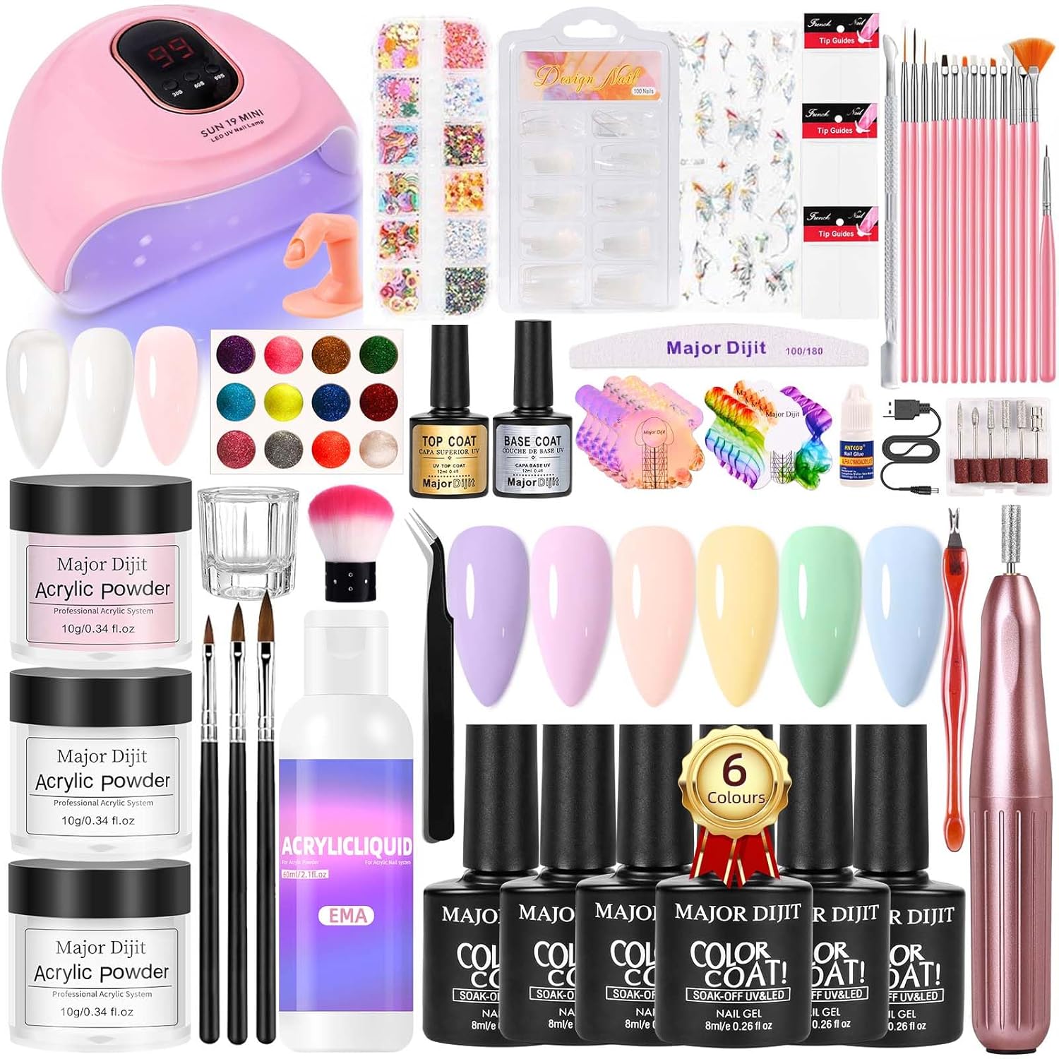 Major Glitzer Gel UV - Major Dijit Gel Nagel Set mit UV-LED-Lampe, Weiß & Pink & Klar Acrylpulver, Nagelkunst-Glitzer, Basis- und Überlack, Nag